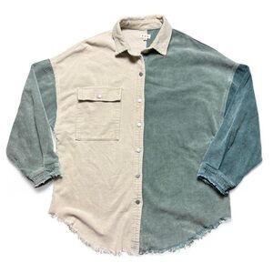 POL Green & Tan Corduroy Oversized Button Up Shacket Womens Size Small